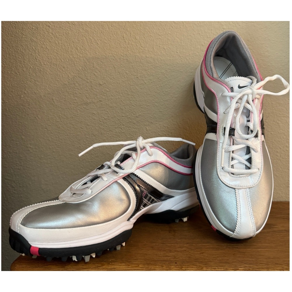 Nike Golf Shoes Women 9.5 Silver White Plaid Spiked T@C Preppy Country Club